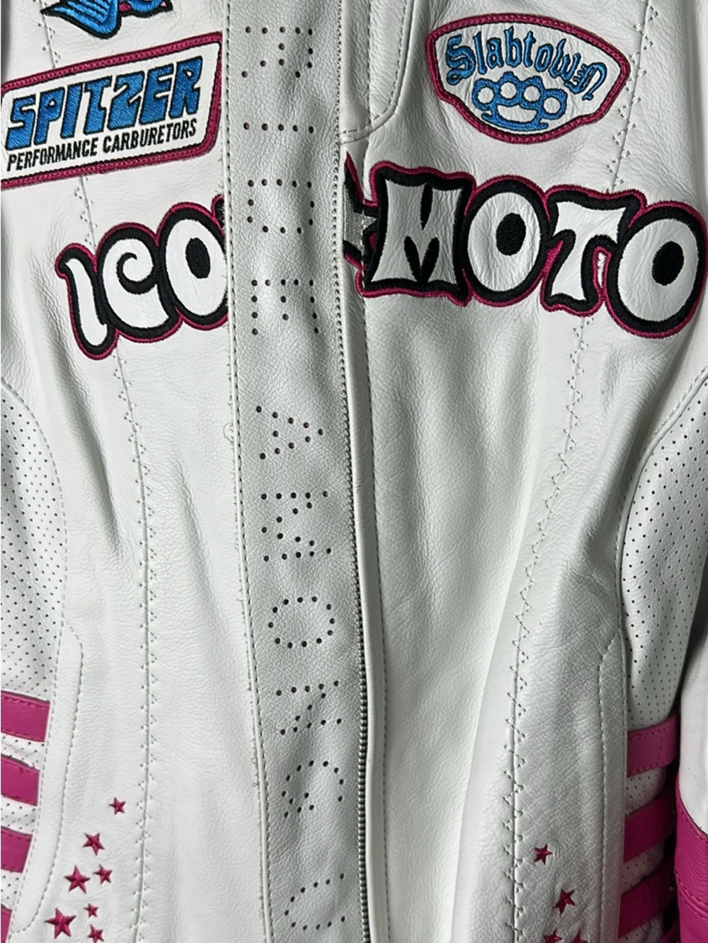 ICON Moto White and Pink Women's Leather Motorcycle Jacket - Picture 6 of 8